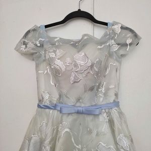 Off The Shoulder Gray Embroidered Mesh Corset Dress with Bowtie